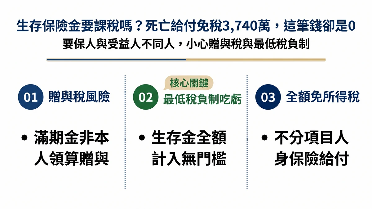生存保險金要課稅嗎-贈與稅風險、最低稅負制吃虧與全額免所得稅三重點圖解 生存保險金要課稅嗎-贈與稅風險、最低稅負制吃虧與全額免所得稅三重點圖解