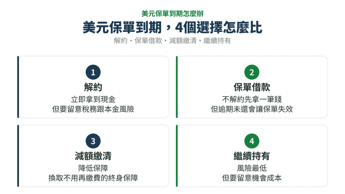 美元保單到期解約：解約、保單借款、減額繳清、繼續持有四選項比較圖